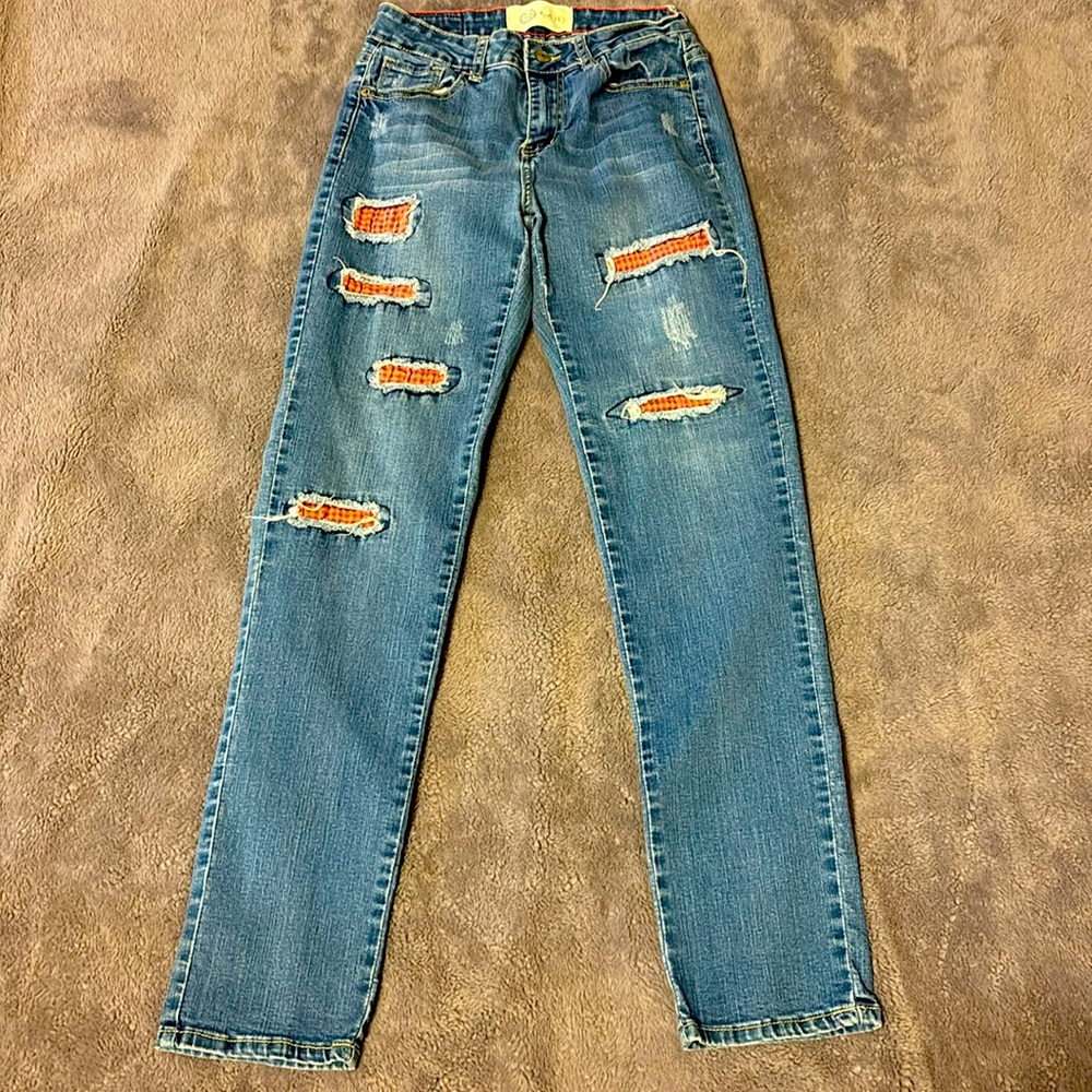 B/N L&B RED AND BLACK PLAID STRAIGHT LEG BLUE JEAN SIZE 6